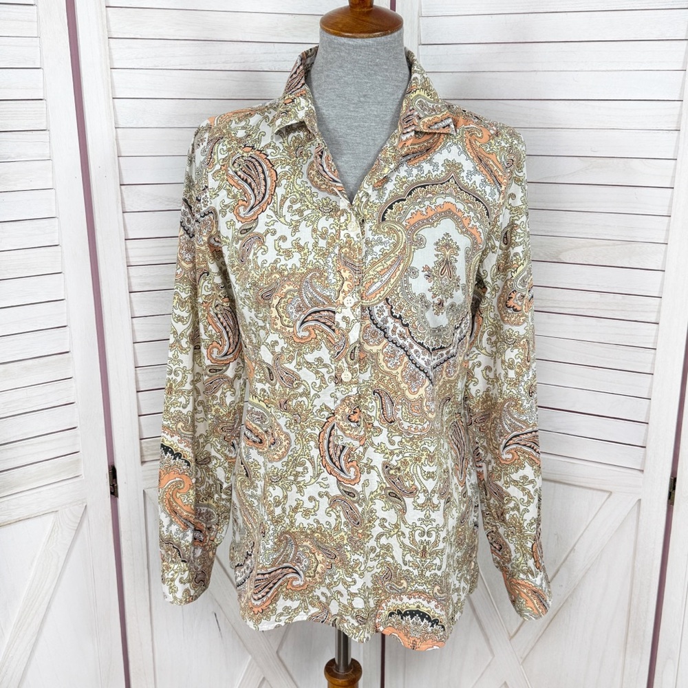 J. Crew Paisley Cotton Half Button Up Henley Shirt Orange Yellow XS